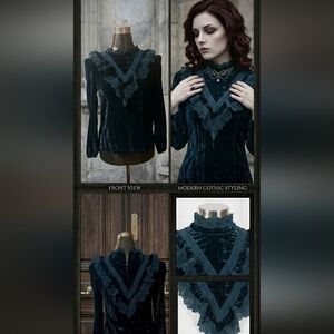Crushed Velvet Tiered Lace Blouse Dark Emerald Green High Neck Victorian Goth